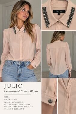 Julio 100% Viscose Blush Pink Rhinestone Embellished Collar Blouse Size 4